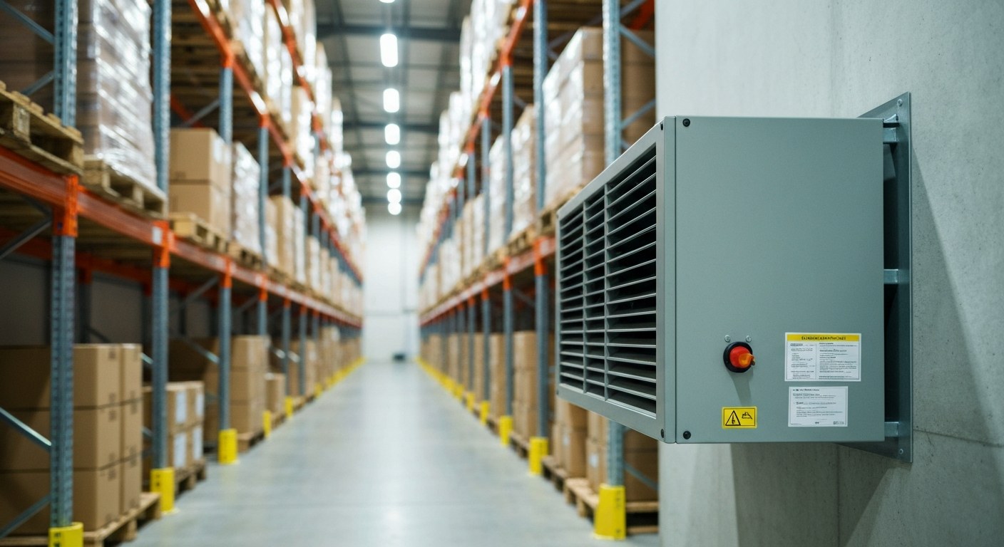 Fan-Forced Industrial Space Heater A wall-mounted fan-forced air heater at the end of a warehouse storage aisle with racking.