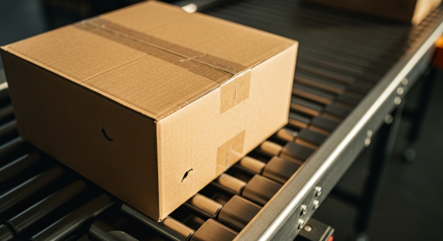A close-up of a cardboard package on a conveyor belt being scanned in a high-speed fulfillment center.