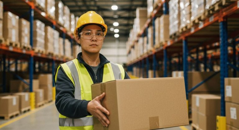 A focused warehouse worker in a safety vest lifting a cardboard box in a sunlit distribution center.