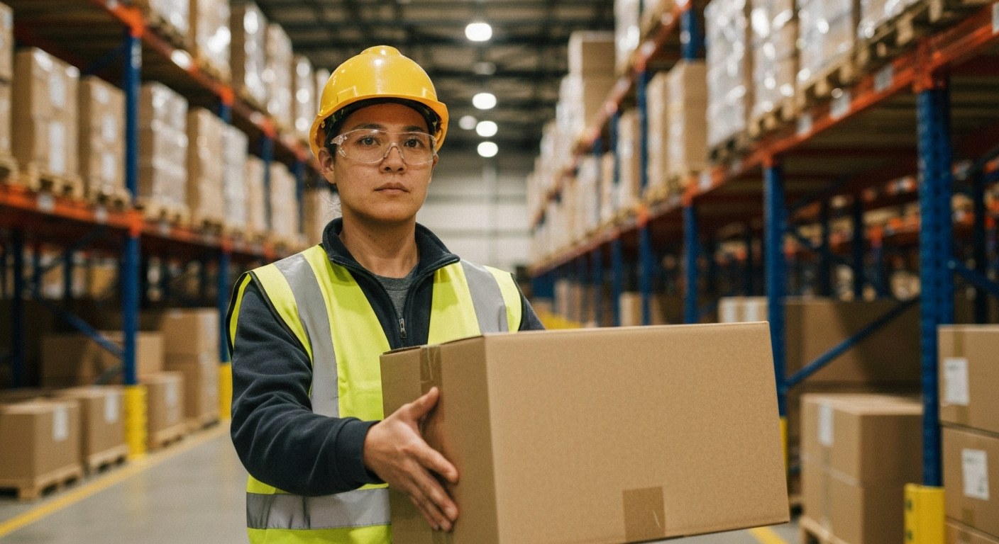 A focused warehouse worker in a safety vest lifting a cardboard box in a sunlit distribution center.