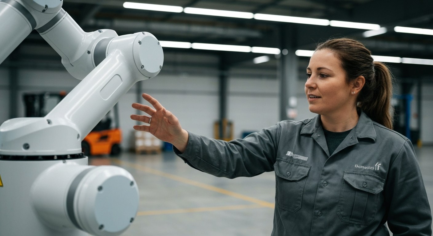 Women and Warehouse Automation A warehouse worker interacts with a white robotic arm in a clean, automated distribution center.