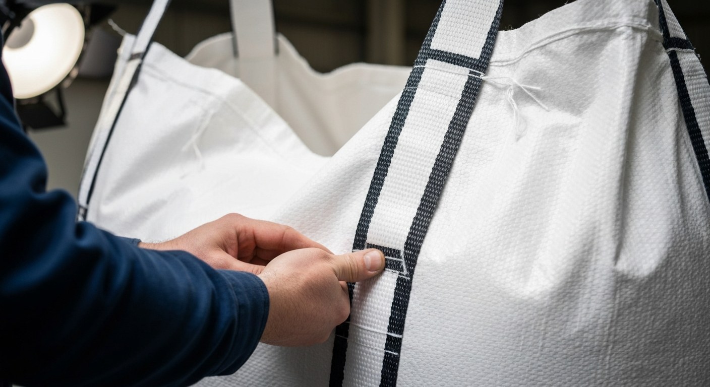 Detailed view of the woven fabric and lifting straps of an FIBC bulk bag in a warehouse.