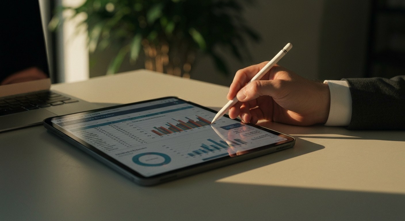A person's hand using a stylus on a digital tablet showing financial charts during golden hour.