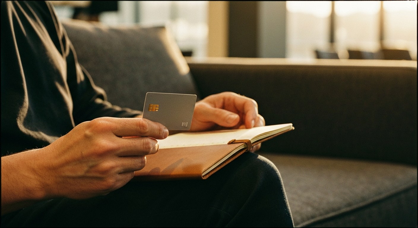 Financing Luxury Interior Design Close-up of hands holding a credit card and notebook while sitting on a textured grey fabric sofa.