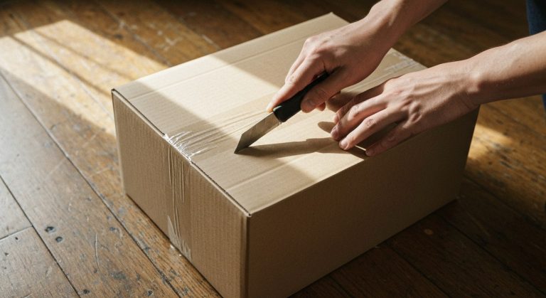 Close-up of hands using a utility knife to slice tape and flatten a brown corrugated cardboard box on a wooden floor.