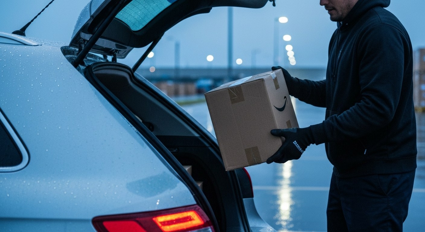 Amazon Flex driver loading packages into a car at a distribution center in rainy twilight.