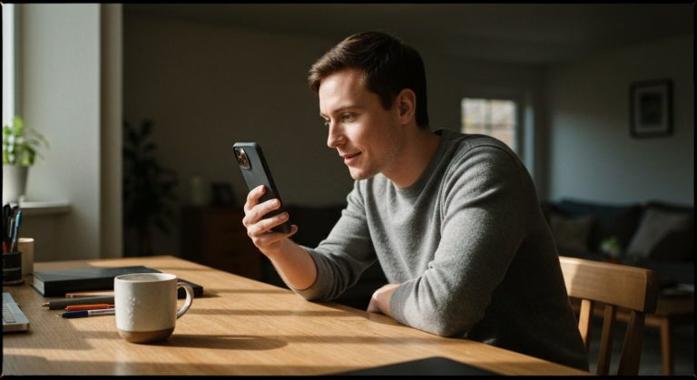 A person waiting for an app update on their smartphone while sitting at a desk.