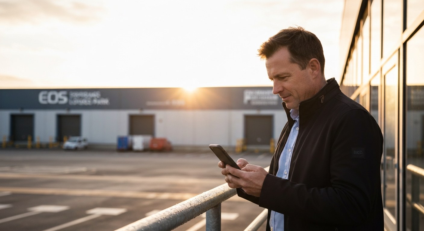 Flexible Warehouse Shift Scheduling A middle-aged man in casual attire looks at his smartphone screen outdoors near a large industrial facility.