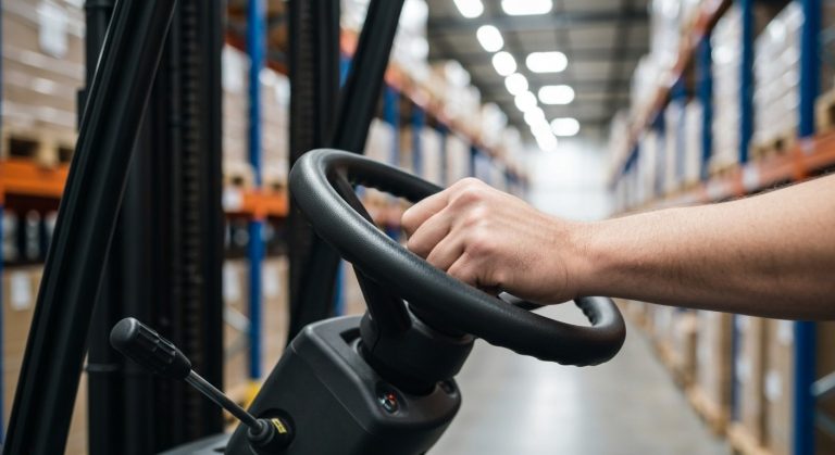 Close-up of a warehouse worker's hands on a forklift steering wheel in a modern distribution center environment.