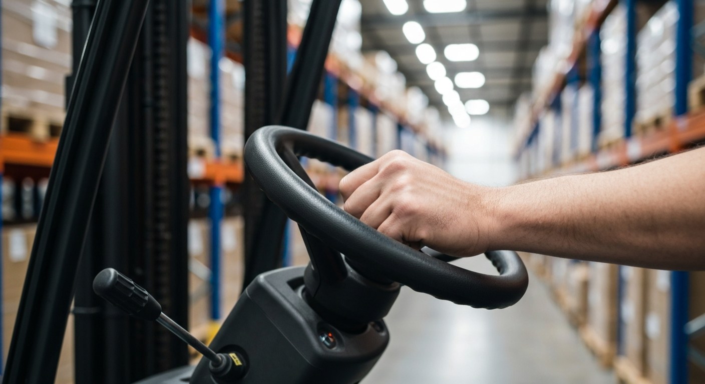 Safety-Sensitive Warehouse Equipment Operation Close-up of a warehouse worker's hands on a forklift steering wheel in a modern distribution center environment.