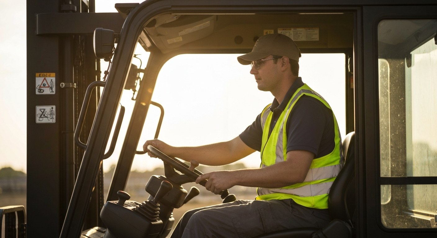 Forklift Operator Safety and Focus A forklift operator in a safety vest looks focused while driving through a warehouse during golden hour.
