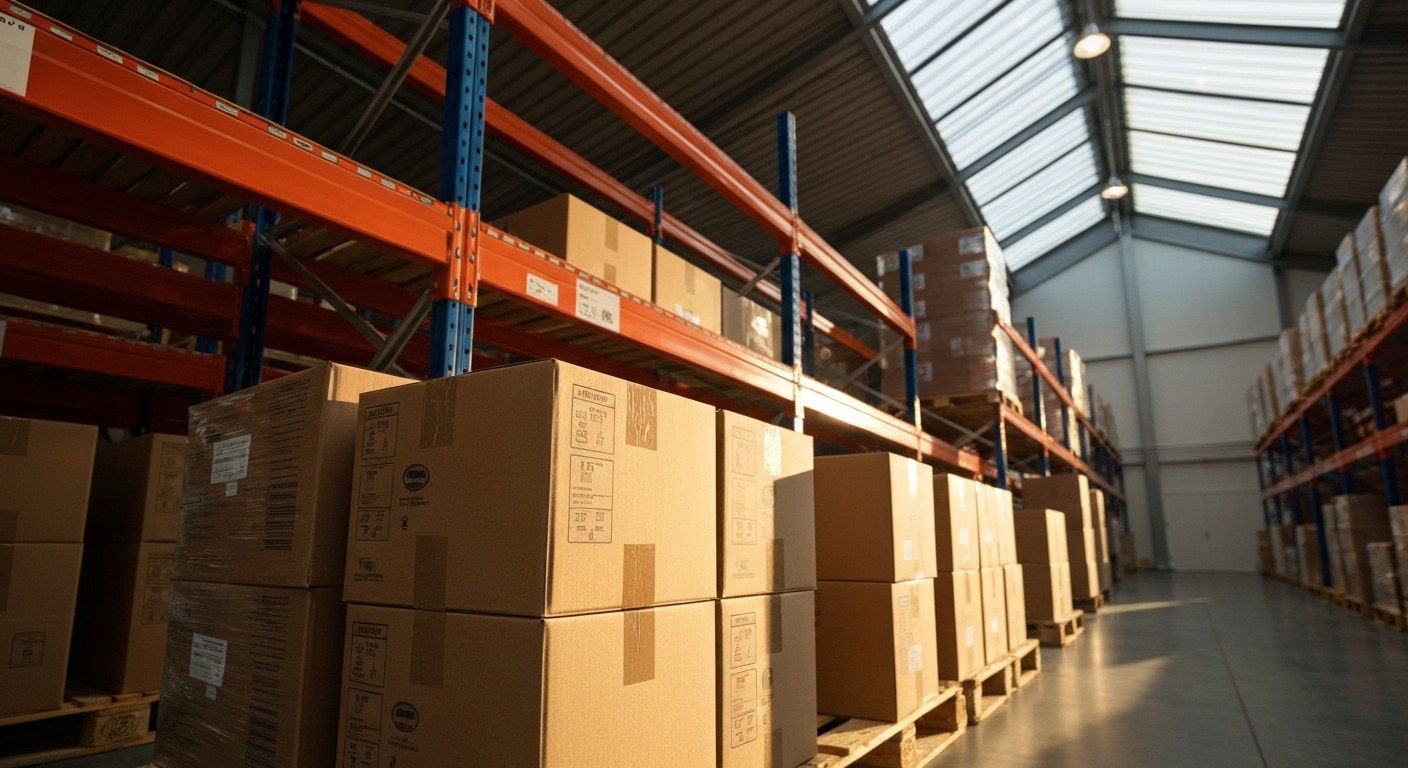 A stack of cardboard boxes containing baby formula on a pallet inside a large, well-lit modern warehouse.