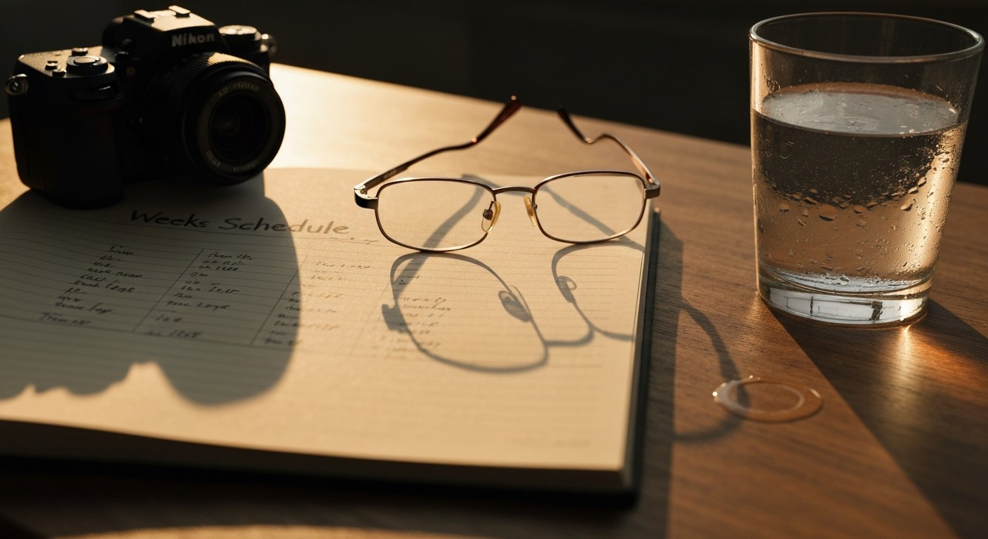 Strategic Weekly Delivery Schedule Planning A handwritten logistics schedule and reading glasses on a desk, illuminated by warm afternoon sunlight.