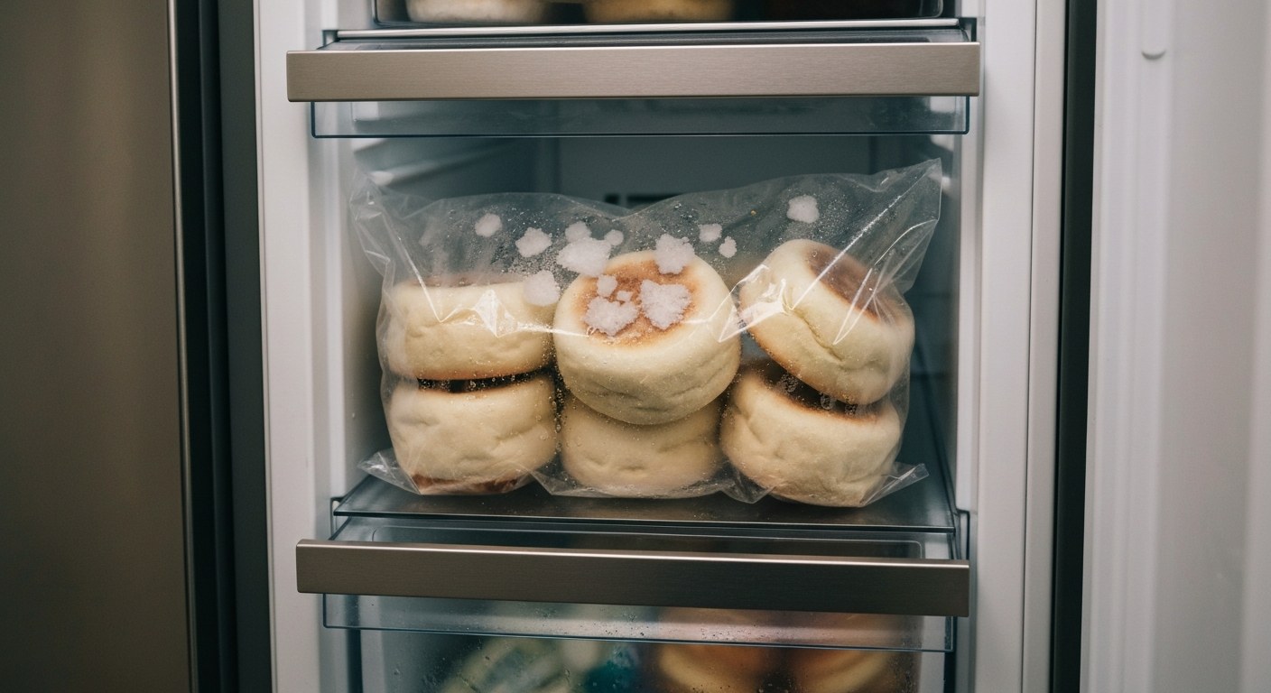 A clear plastic bag of English muffins inside a modern freezer drawer with light frost on the bag surface.