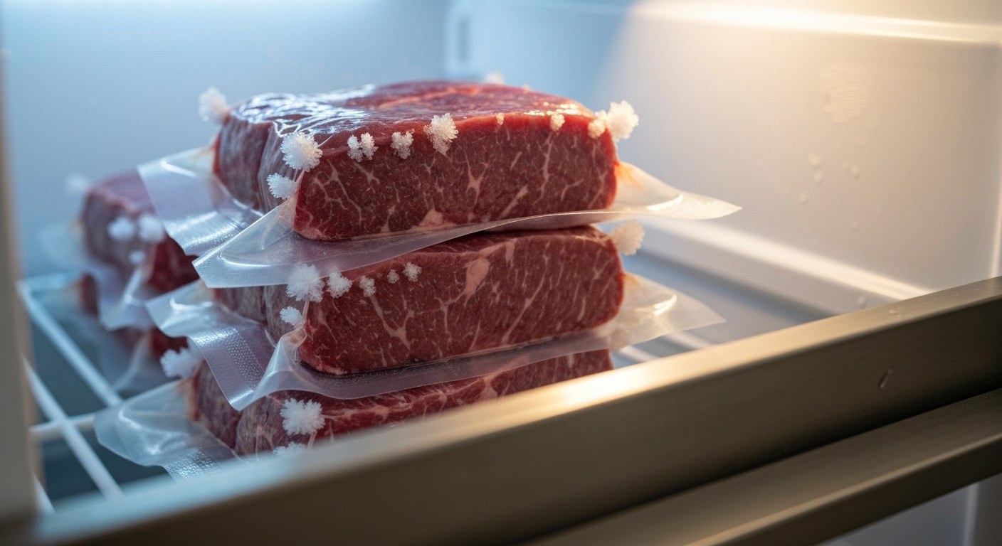Long Term Freezer Storage for Vacuum Sealed Meat Stack of vacuum-sealed steaks in a freezer drawer with light frost on the packaging.