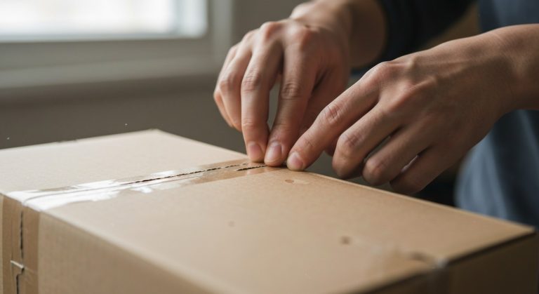 Close-up of hands opening a brown cardboard shipping box with an integrated easy-open perforated tear strip.
