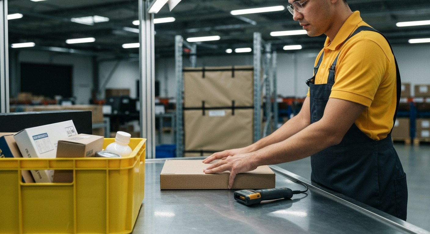 A warehouse worker at a picking station with a yellow bin and a blurred robotic shelf unit in the background.