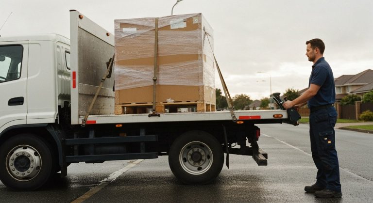 American Furniture Warehouse Delivery (Avoid Extra Fees) 3 A delivery worker operates a hydraulic lift gate on a white truck to lower a large furniture crate onto a suburban street.