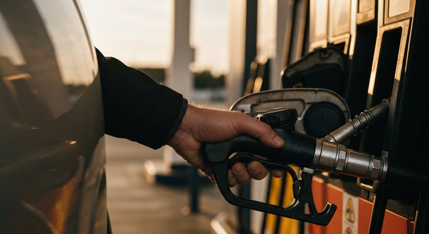 Fueling Up with Cashback Rewards Close-up of a person refueling a car at a gas station during sunset, focusing on the fuel nozzle and hand.