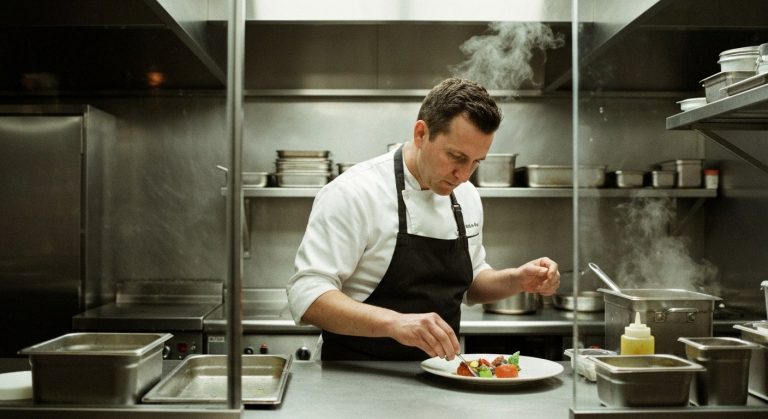 A chef prepares a meal in a modern industrial ghost kitchen with stainless steel counters and soft overhead lighting.
