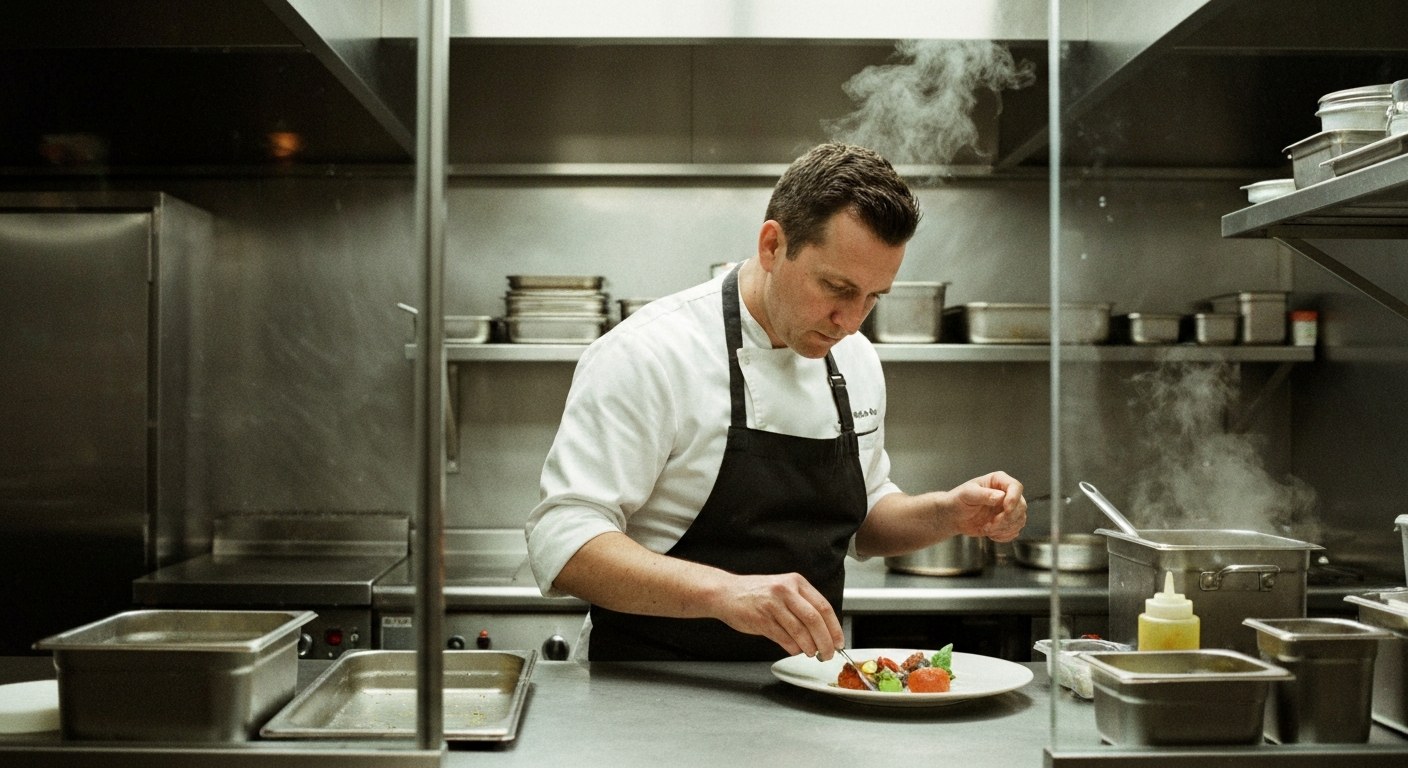 A chef prepares a meal in a modern industrial ghost kitchen with stainless steel counters and soft overhead lighting.