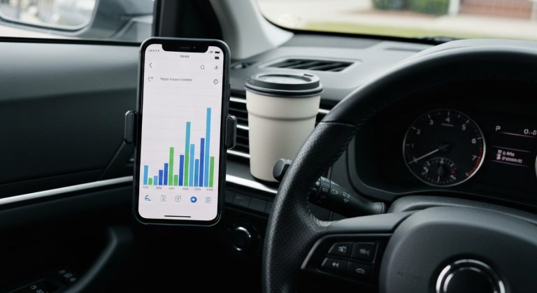 A close-up of a car dashboard with a smartphone showing an earnings chart and a coffee mug in the cup holder.