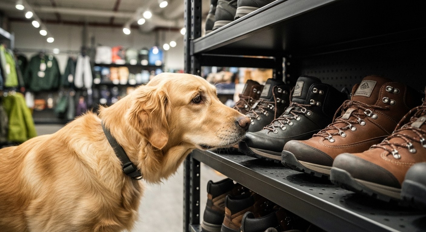 A Golden Retriever sniffs hiking boots on a display shelf inside a sporting goods store.