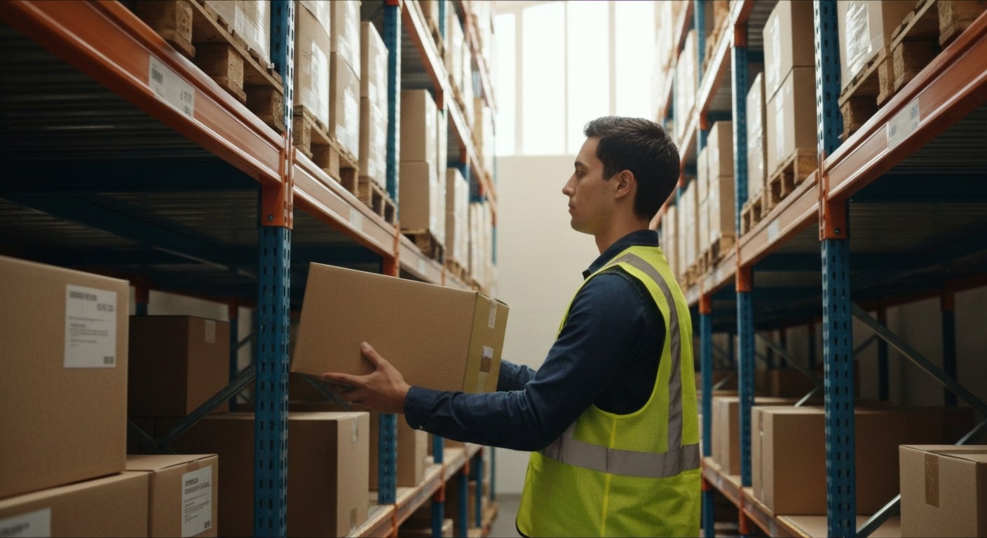 A warehouse worker picks a box from a shelf at chest height, demonstrating ergonomic picking techniques.