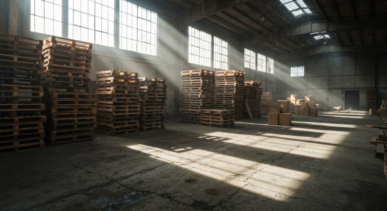 A desolate 1980s warehouse interior with sunlight streaming through high windows onto dusty pallets and cracked concrete.
