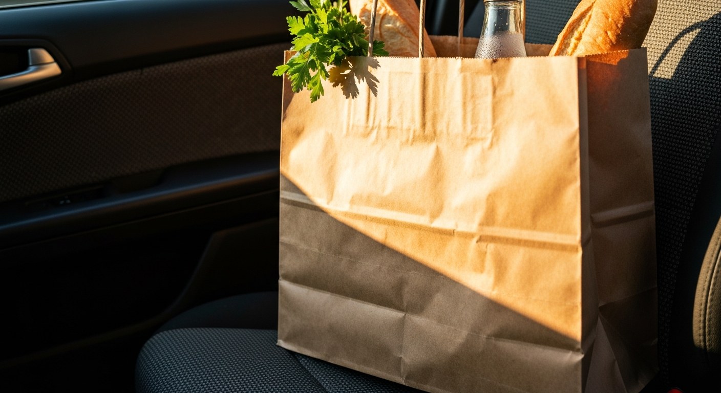 Grocery Delivery Blocks for Drivers Two brown paper grocery bags filled with fresh food on a car's passenger seat in warm evening light.