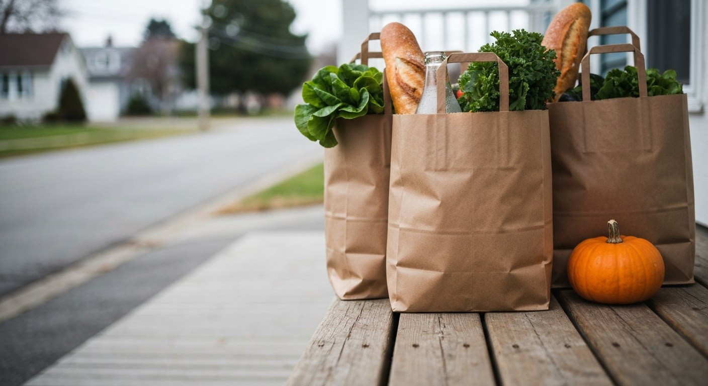 Grocery Delivery Bags on Porch Close-up of brown paper grocery bags filled with fresh produce sitting on a wooden porch step.
