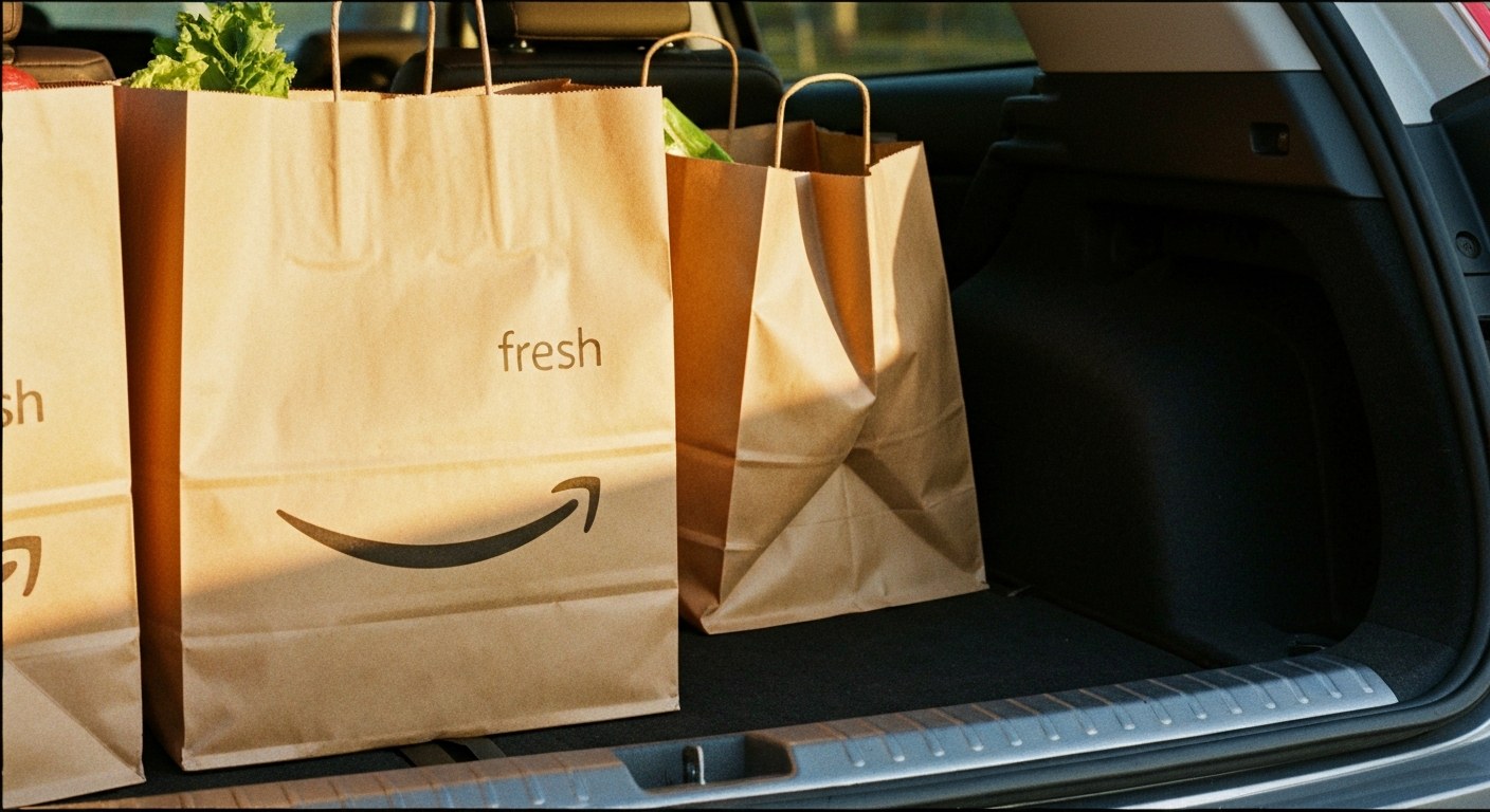 Organizing brown paper bags for a grocery delivery in the back of a car.
