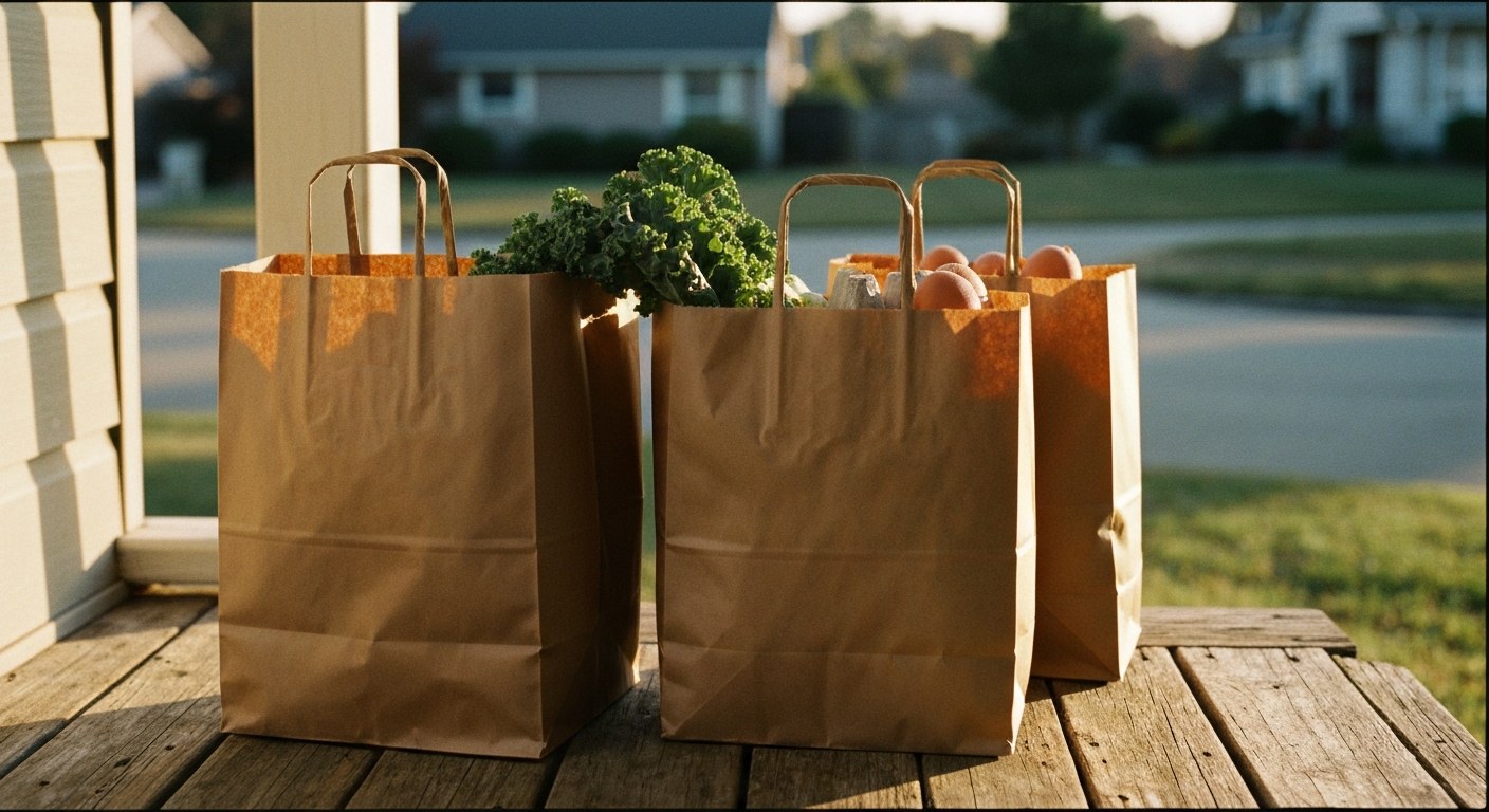 Brown paper grocery bags sitting on a sunlit wooden porch, showing fresh produce peeking out from the top.