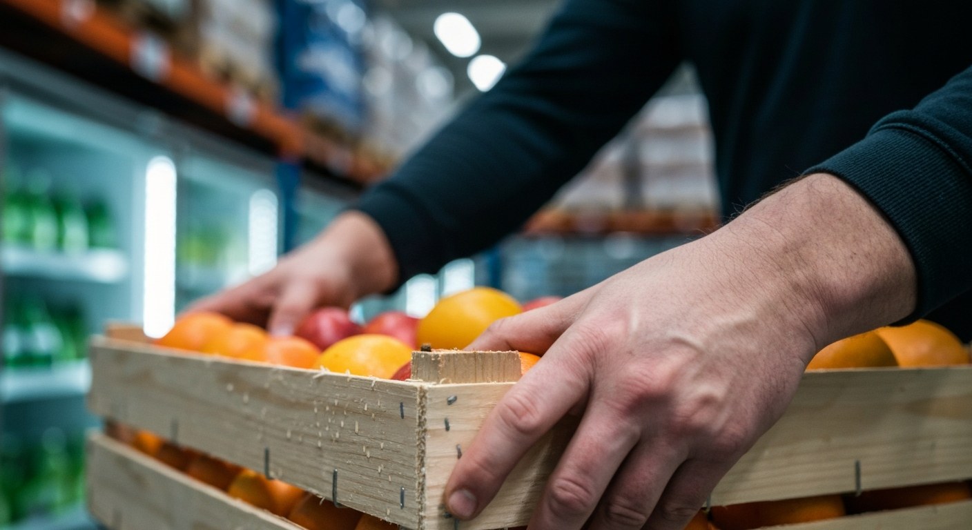 Cold Chain Logistics and Grocery Distribution Close-up of a worker handling a crate of fresh apples in a refrigerated warehouse environment.
