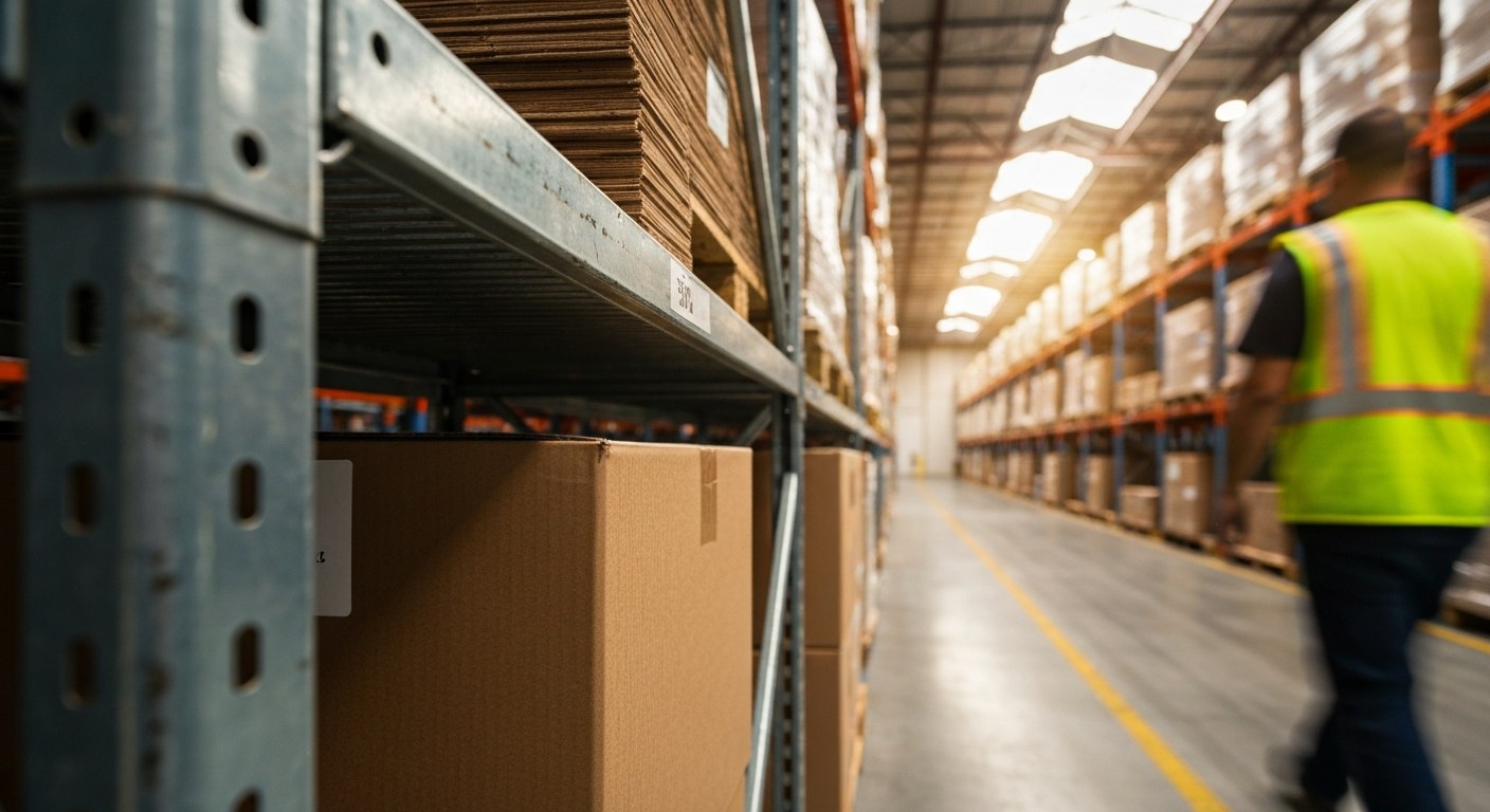 A modern warehouse interior with steel shelves, cardboard boxes, and industrial lighting in Florida.