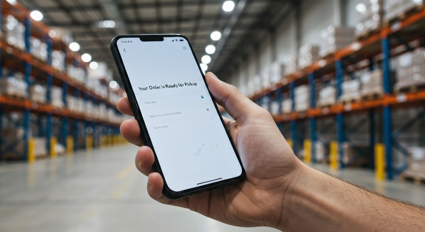 A close-up of a hand holding a smartphone showing a ready-for-pickup notification in front of a blurred warehouse.