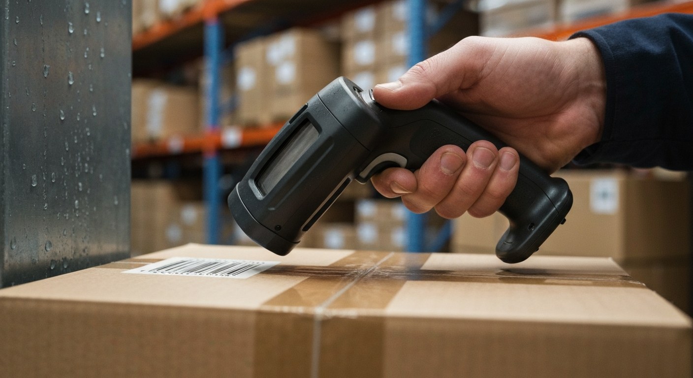 Productivity Metrics in Modern Logistics A close-up of a worker's hand holding an industrial RF scanner aimed at a cardboard shipping box.