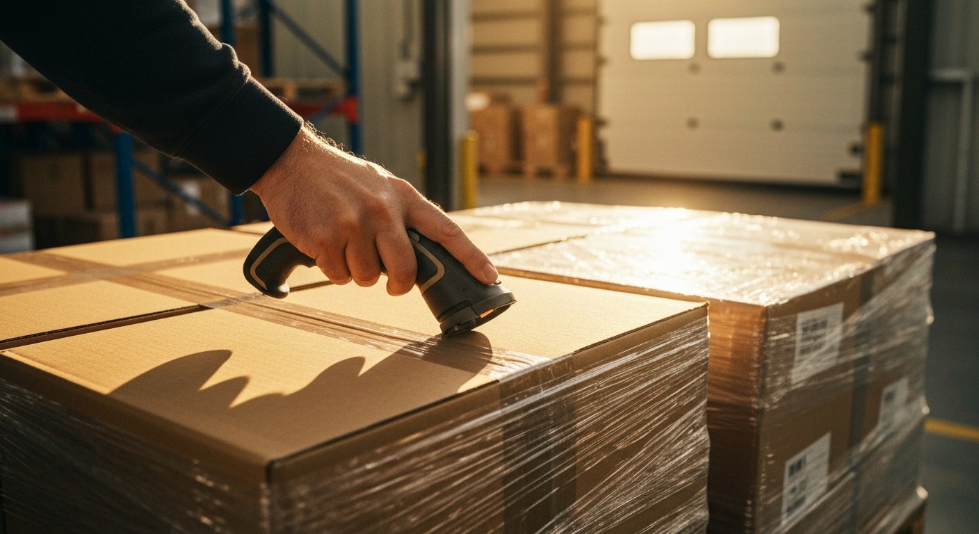 Real-Time Inventory Scanning Technology Close-up of a hand using a handheld scanner on a plastic-wrapped pallet during golden hour in a warehouse.