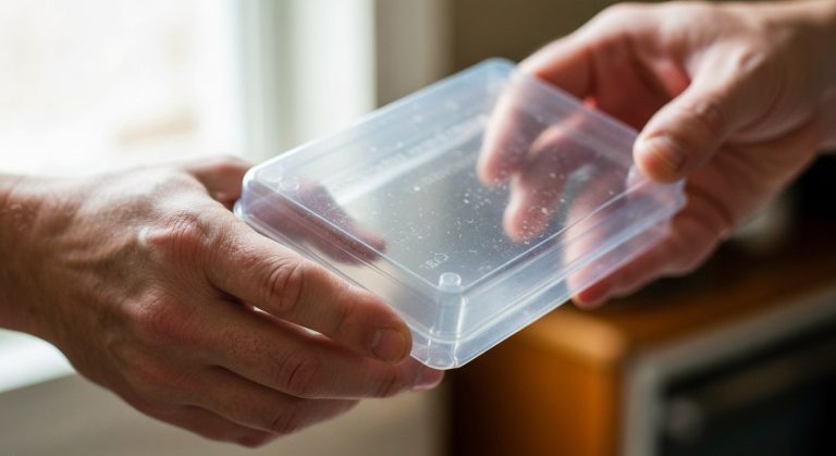 Close-up of a person's hands holding a thick, clear plastic clamshell container in a brightly lit kitchen.