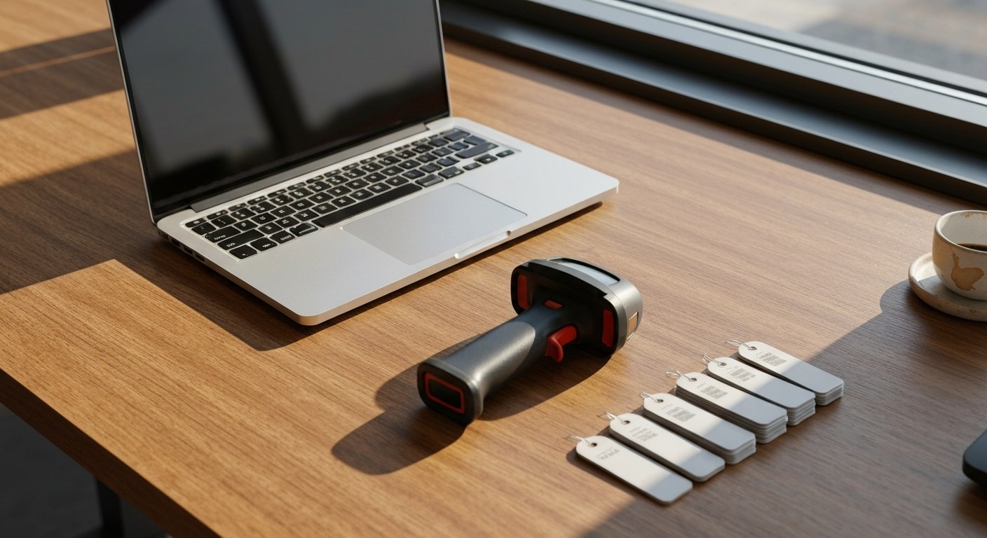 A laptop, barcode scanner, and asset tags on a wooden desk with warm afternoon sunlight casting shadows.