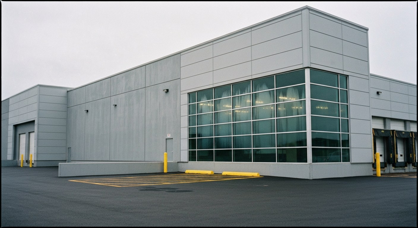 Modern Logistics Infrastructure in Hawaii The exterior of a large, modern grey industrial warehouse with multiple loading docks under an overcast Hawaiian sky.