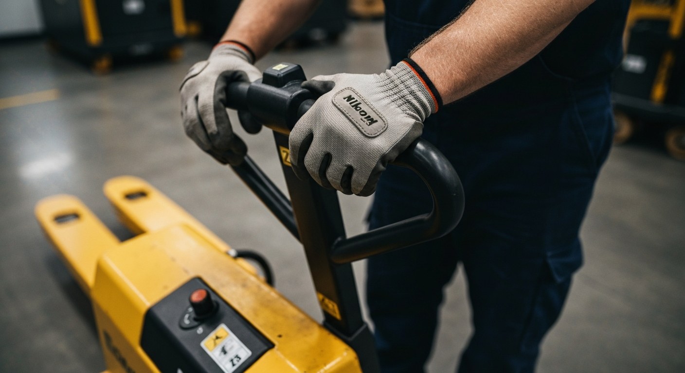 Safety Regulations for Hazardous Warehouse Machinery Close-up of a worker's gloved hands operating heavy warehouse machinery on a polished concrete floor.