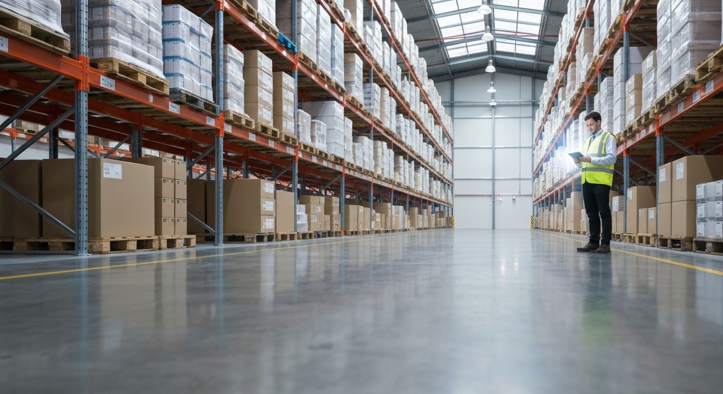A logistics manager in a safety vest stands in a clean, modern warehouse aisle with high racking and industrial lighting.