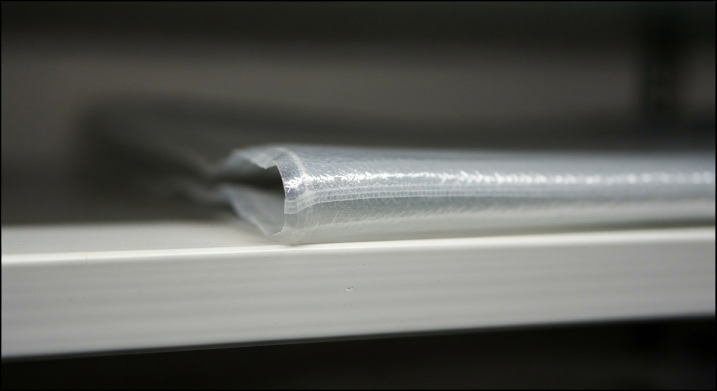 Precision Heat-Sealed Packaging Macro detail shot of a professional heat-sealed edge on a heavy-duty garment sleeve.