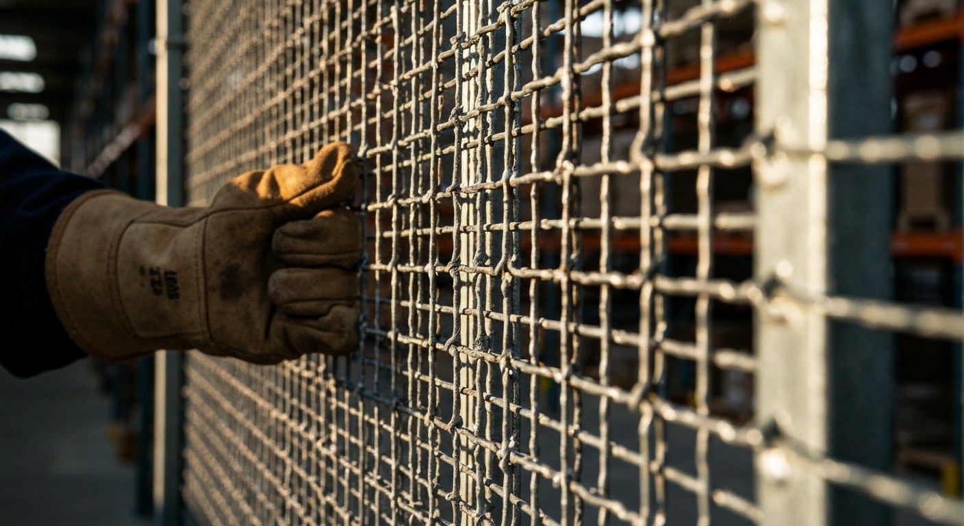 Heavy Duty 6-Gauge Wire Mesh Detail Close-up of thick 6-gauge galvanized steel wire mesh with a gloved hand touching the textured industrial metal surface.