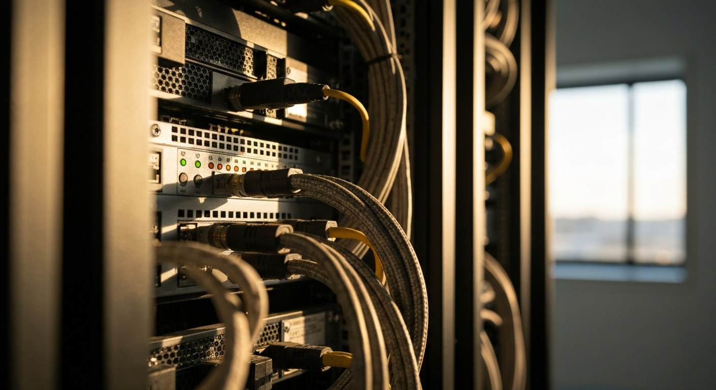 Rear view of a server rack showing organized power cables and an intelligent PDU with status lights.