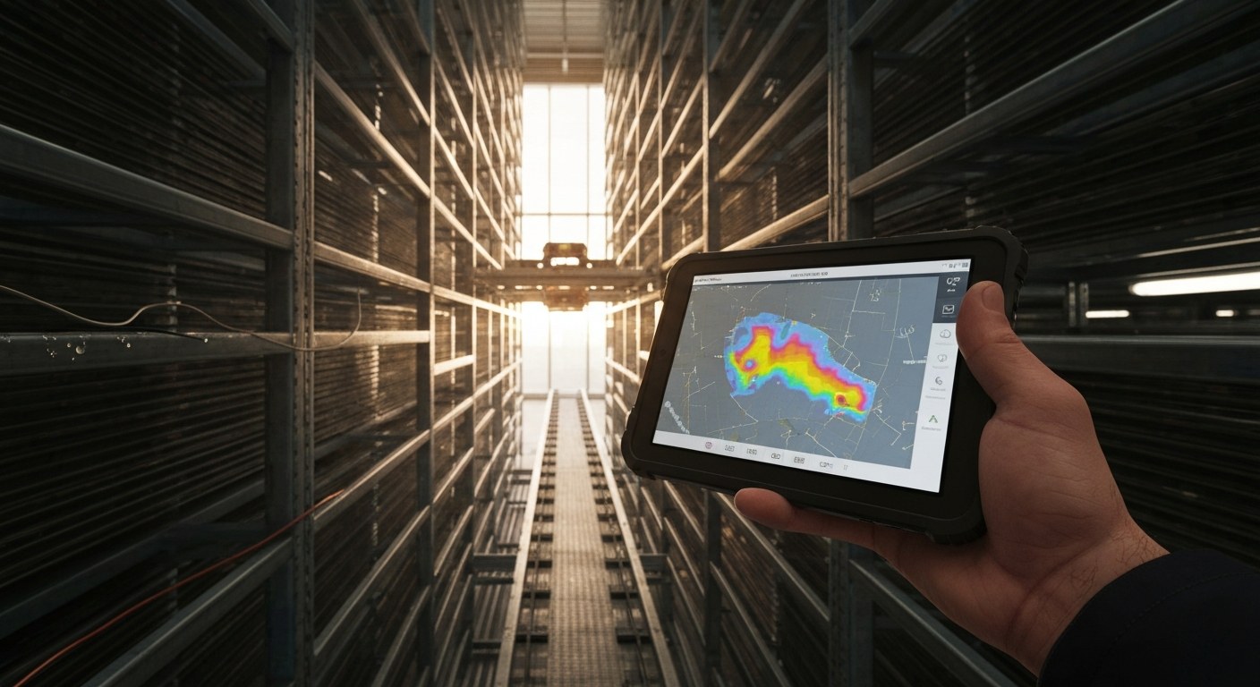 A technician holding a tablet showing inventory data in front of high-density vertical warehouse racks.