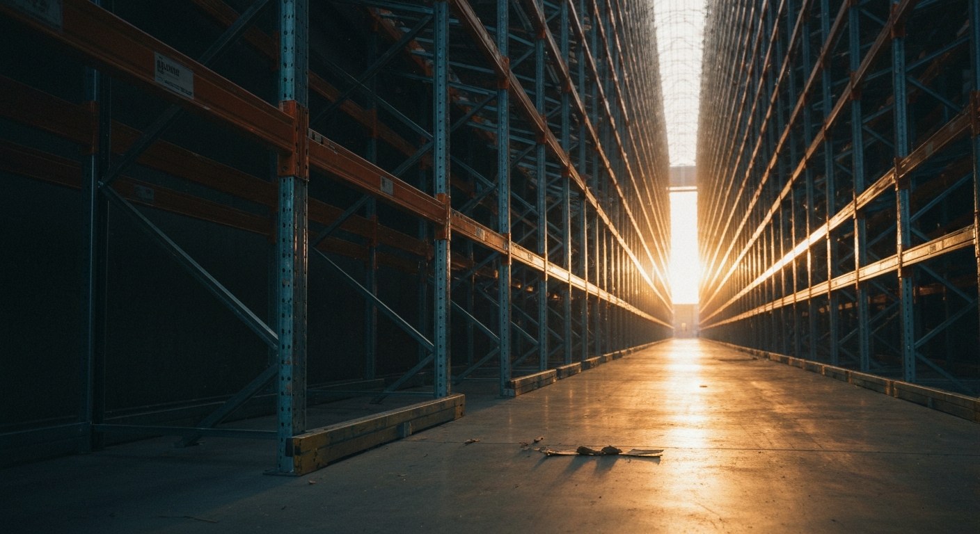 A long aisle of high-density vertical warehouse shelving with sunlight streaming through from the side.