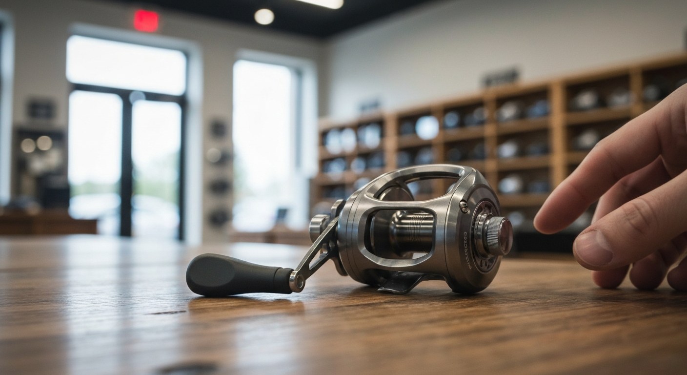 Close-up of a high-end metallic fishing reel on a wooden display table in a bright retail store showroom.
