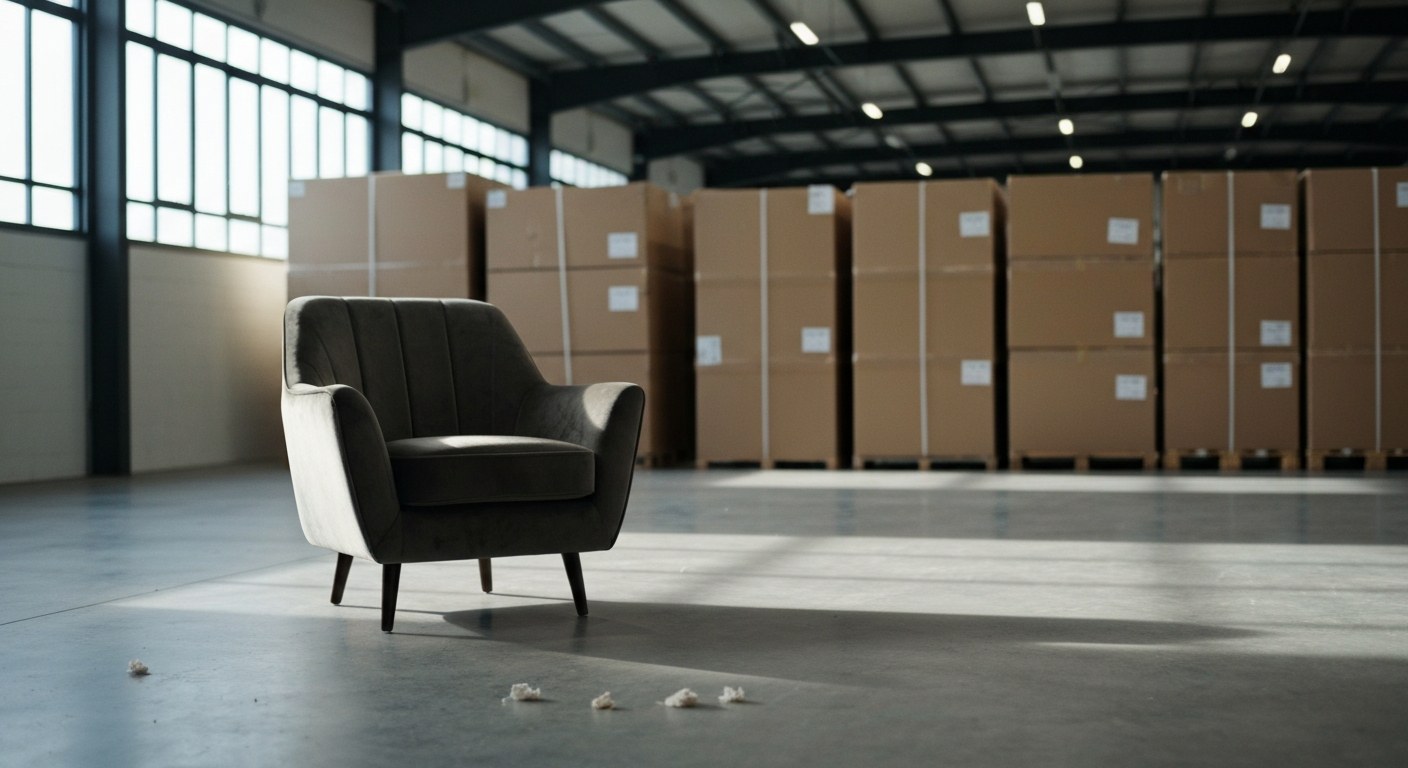 High-End Furniture Warehouse Delivery A designer armchair partially unboxed in a bright, minimalist and modern warehouse space.